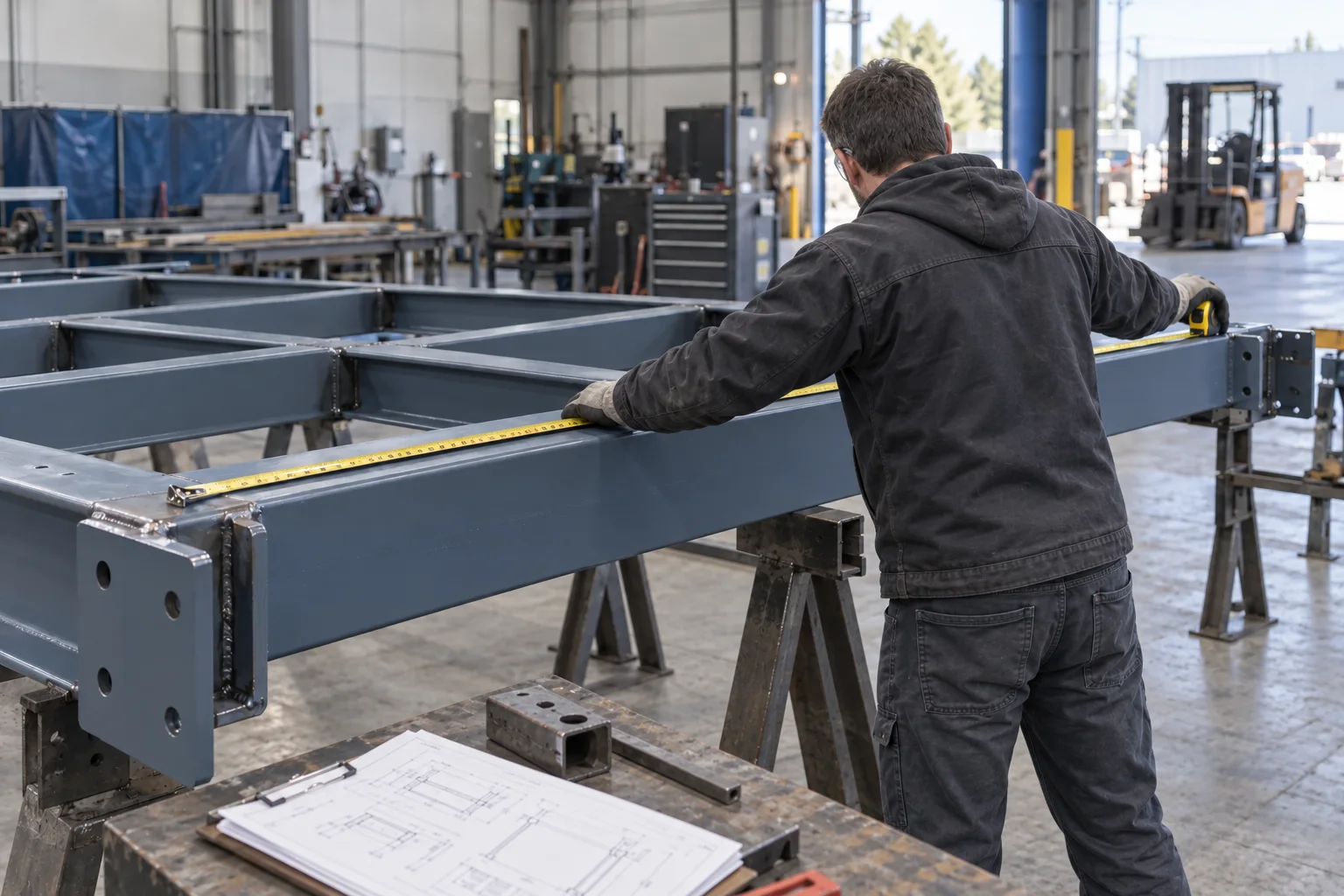 Quality inspector viewed from behind measuring dimensions of a steel structure with a measuring tape